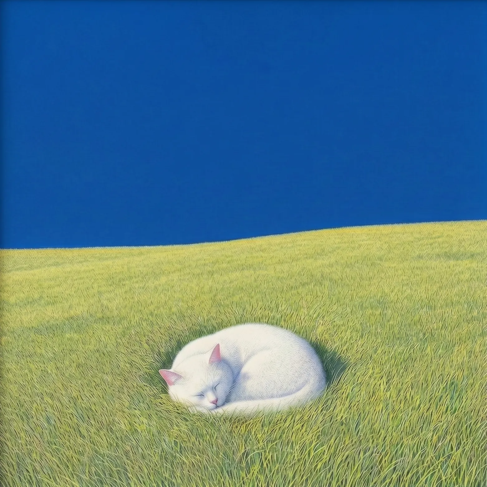 A white cat sleeping in a sunlit meadow
